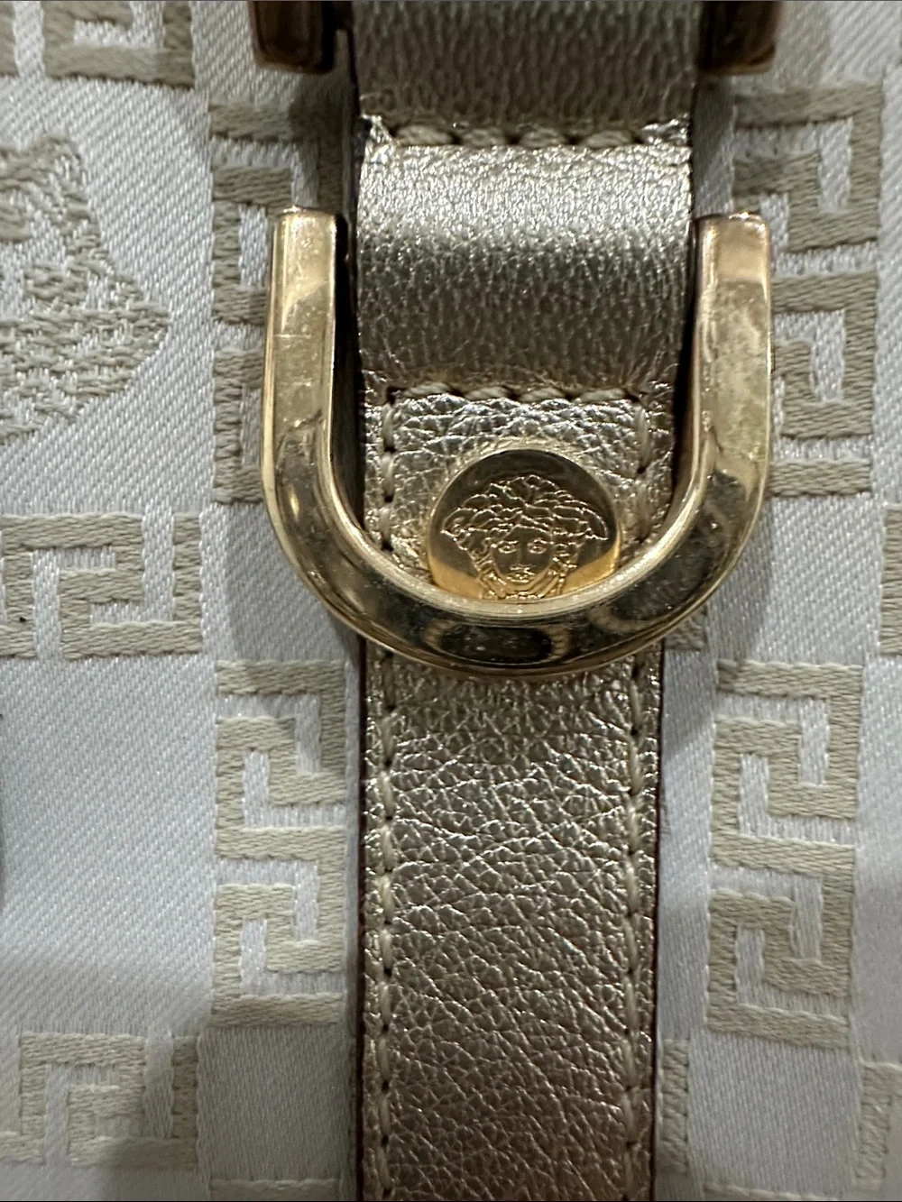 VERSACE Gold and Cream Logo Medusa & Greek key chain Satchel Handbag w/ lock-key